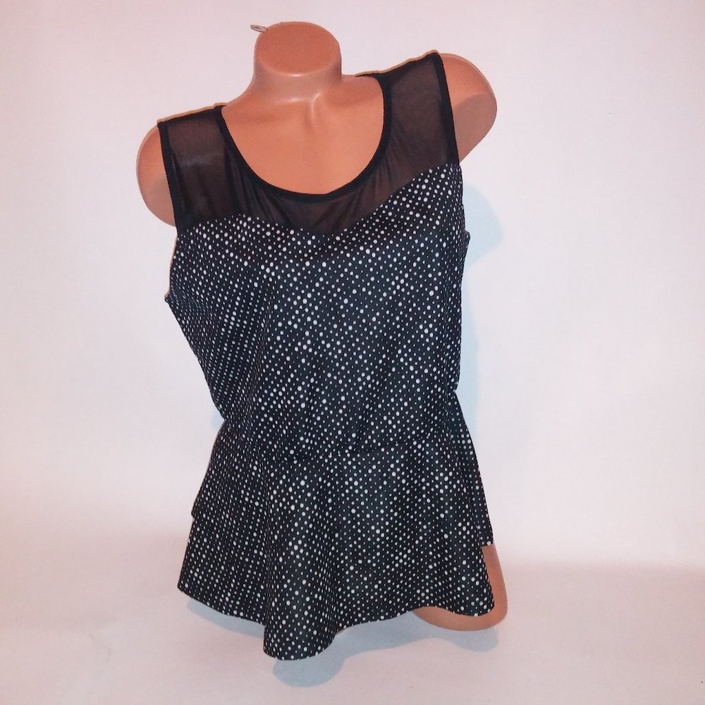 Dots Blouse Tank Top XL Black White Polka Dots Peplum Ruffle Mesh Trim Sleeveles
